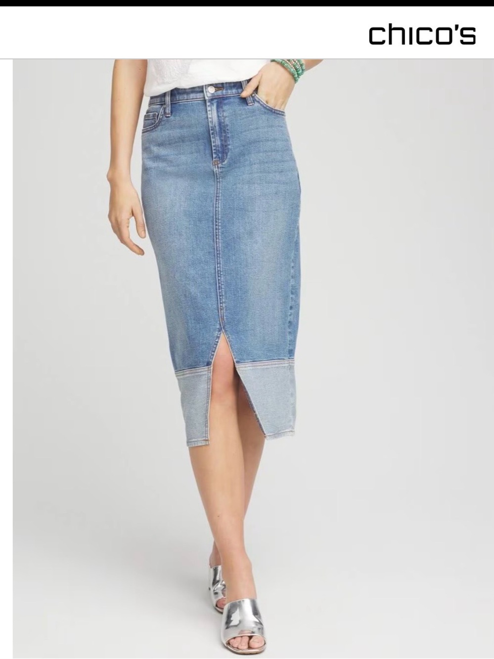 Chico's Two-Tone Denim Midi Skirt in Blue